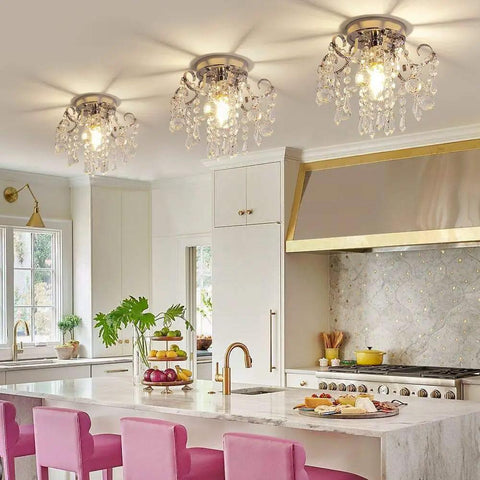 Small Crystal Chandelier Flush Mount Modern Mini Ceiling Light Fixture For Hallway Entryway Bedroom Bathroom Closet Chrome Metal