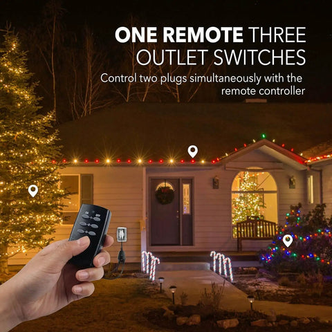 Hand holding remote for Outdoor Wireless Remote Control Outlet Kit With Weatherproof Heavy Duty Power Strip by decorated house