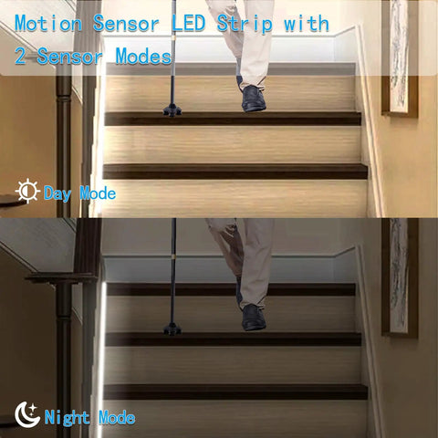 Battery Operated Motion Sensor Cabinet Strip Lights 9.8Ft 90LED With Day Night Sensor on stair steps in day and night mode