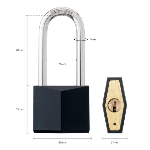 Outdoor Rustproof Covered Brass Padlock With Stainless Steel Long Shackle Keyed Lock dimensions shown