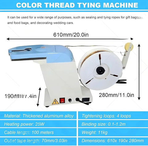 Rock The Bench With This Hottest Semi-Auto Twist Tie Machine For Sealing And Bundling Bags Of Bread Or Toys Fast Using Metallic Wire At 40 Per Minute Compact Design Saves Sweet Shop Space, showing machine features and dimensions.