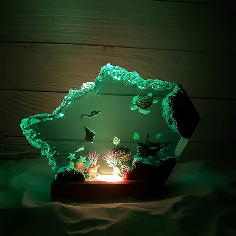 Multicolor Epoxy Resin Wood Lamp In Wave Shape, Handmade Ocean Themed LED Night Light with sea diver and marine design