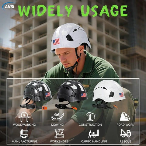 Top Tier White Carbon Fiber Look Hard Hat With Maximum Airflow Vents And Sturdy Six Point Suspension For Real Construction Pros used at a construction site.