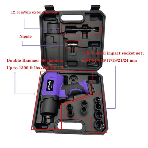 1/2 Inch Composite Air Impact Wrench With Twin Hammer Guts Delivers A Badass 1300 Ft Lbs Of Max Loosening Torque At A Screaming 8000 Rpm set in case with sockets.