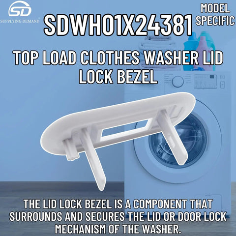 Top Load Washer Lid Lock Bezel Replacement White Bezel 4502680 Model in front of washing machine