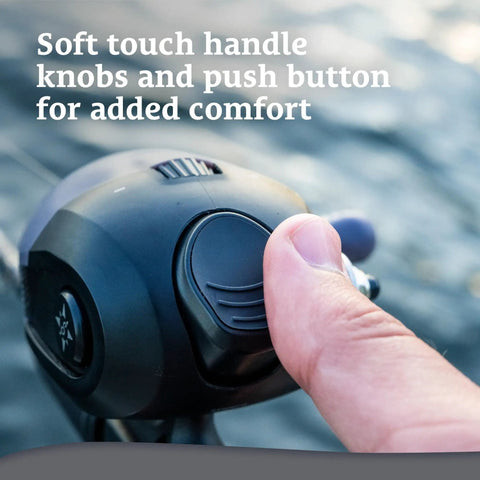 Close-up of Excursion 6 Spin Cast Reel For Everyday Freshwater Bass Fishing With Ultra Ergonomic Design handle being pressed.