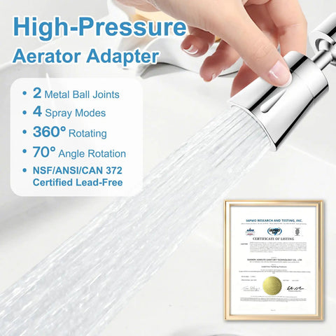Close-up of Slick 360 Degrees Swivel Faucet Aerator With Four Spray Modes Heavy Duty Chrome Sink Sprayer Attachment showing water flow.