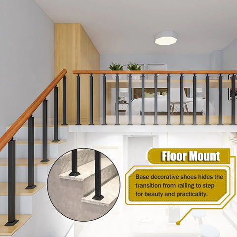 Tough As Nails Heavy Duty Wrought Iron Railing Spindles For Indoor Stairs And Decks, showcasing black guardrail posts in stylish indoor setting.