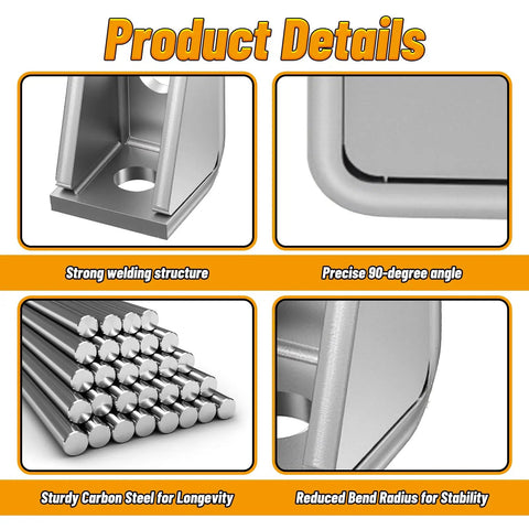 Built Tough As Nails Heavy Duty Welded Corner Braces Ninety Degree Gusseted Fittings For 1-5/8 Strut Channel Three Hole L Angle Connectors Four Pack shiny carbon steel brackets showing strong weld structure.
