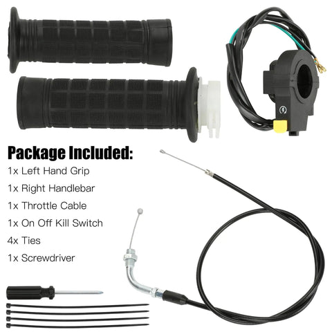 Twist Throttle Cable And Grip Assembly For Two Stroke 49Cc 50Cc 66Cc 80Cc 100Cc Gas Motorized Bicycles With Seven Eighths Inch Handlebar Fitment 22mm Easy Replacement Bike Part, showing components including cable, grips, and kill switch, fits 7/8 inch handlebars.