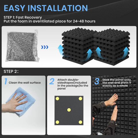 Legit Badass High Density Pyramid Soundproof Foam Panels For Walls 52 Pack 12X12X2 installation steps and instructions with foam tiles.