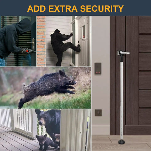 Heavy Duty Portable Door Stopper And Adjustable Security Bar For Front Door And Sliding Window Locks Hotel Room Safety Barricade Fo Sho Secure Hella Solid 2 In 1 Setup beside door and illustrations of potential threats.