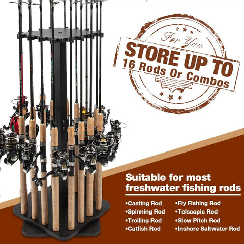360 Degree Rotating Fishing Rod Rack For Garage Floor Stand That Holds Up To 16 Rods Wooden Tackle Organizer