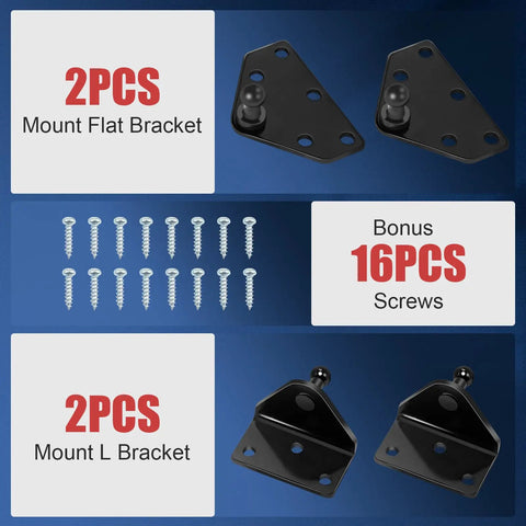 2 flat brackets and 2 L brackets with 16 screws for Heavy Duty 30 Inch Gas Strut With Mounting Bracket RV Camper Truck use.