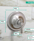 Joleena Transitional Pressure Balance Shower Valve Trim In Chrome With Quiet Operation And Smooth Temperature And Flow Control Boss Level Performance Powered By Ibox Universal Plus Rough In Wall Vibration Reduction, dimensions labeled.