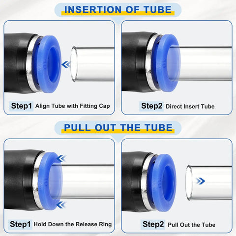 Diagram showing how to use Five Piece Push To Connect Pneumatic Fittings For Half Inch NPT Female Elbow 90 Degree Nickel Plated Brass.