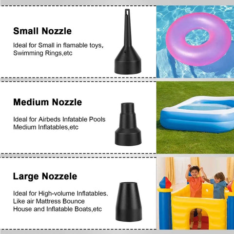 Three inflatable nozzles for Portable Electric Air Pump Inflator 12V And 220V, ideal for toys, pools, and high-volume inflatables.