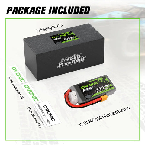 11.1V 650mAh 3S 80C LiPo Battery With XT30 Plug for RC models shown with packaging, manual, and stickers.