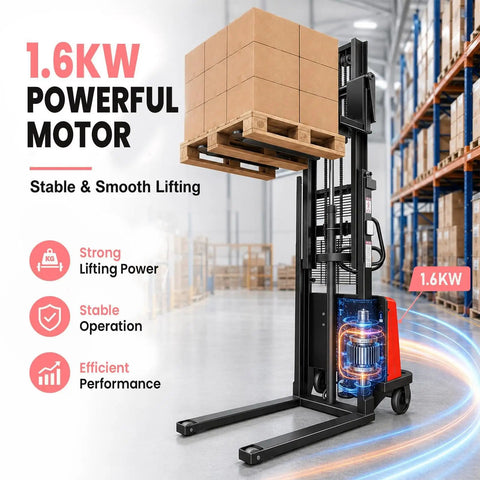 Heavy Duty Semi Electric Pallet Stacker With 3500 Lbs Lift Capacity And Walkie Forklift Design For Smooth Warehouse Moves and High Efficiency Loading in action, lifting boxes.