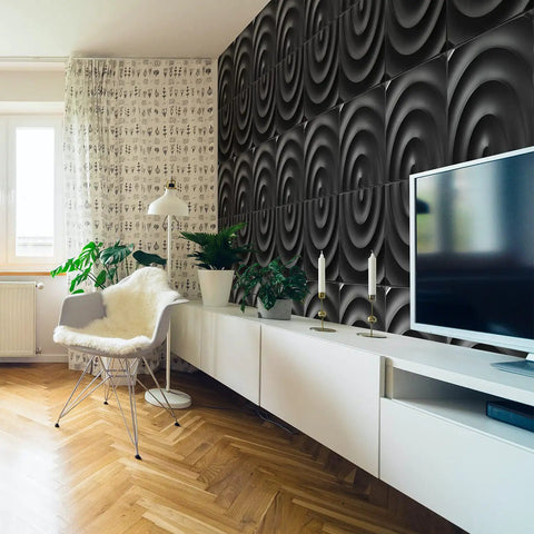 Modern living room with Black Semicircle 3D Wall Panels With Peel And Stick Tape For DIY Interior Wall Decor behind TV unit