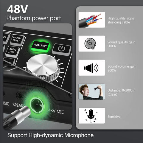 Close-up of 48V phantom power port on Two Person Podcast Gear Bundle with Dual Audio Mixer and Condenser Mics for sound quality gain.