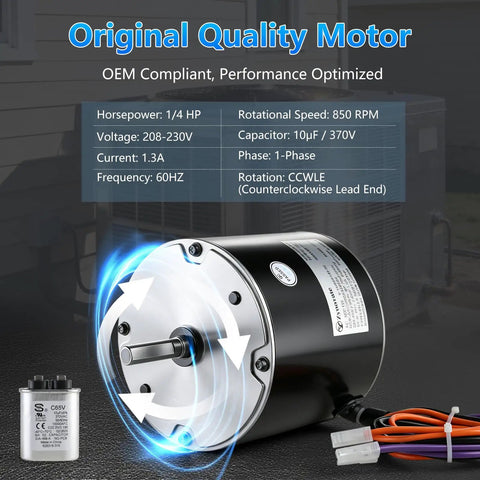 Heavy Duty Replacement Condenser Fan Motor 1/4 Hp At 850 Rpm 208 Through 230 Volt AC Blower with capacitor and wiring.