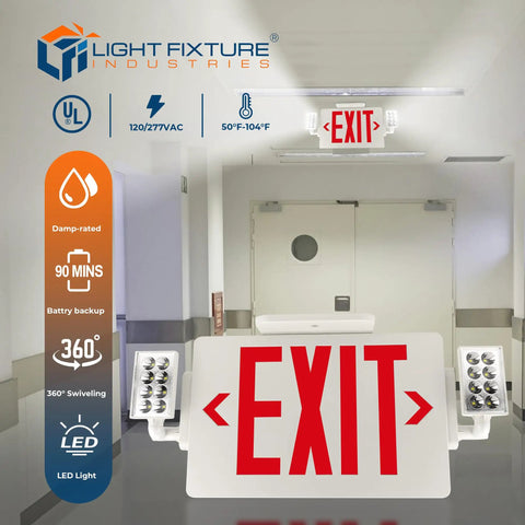 Red LED Exit Sign With Emergency Lights In White Housing UL 924 Listed installed in hallway with arrows and lights visible