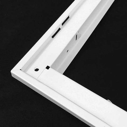 Close-up corner detail of 12x12 Steel Return Air Grille With Removable Door For 1 Inch Filters White HVAC Vent Cover For Wall Or Ceiling Install