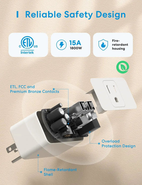 Smart Plug Mini 15A WiFi With HomeKit Siri Alexa Google Assistant Nest Hub Remote Control App Control Timer No Hub Needed WiFi Only Two Pack Easy Setup And Energy Saving For Smart Home Enthusiasts Plug And Play Voice Control showing internal components and safety features