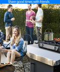 Group enjoying backyard BBQ with Propane Stove 2 Burner Gas Cooktop With Auto Ignition 26000 BTU Tempered Glass Outdoor Cooker