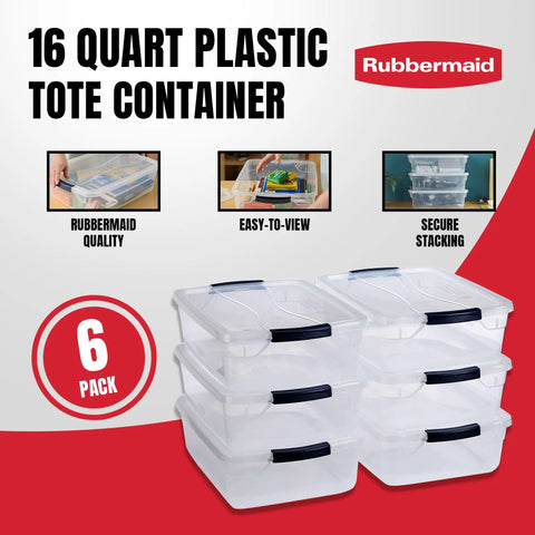 Rock Solid 17 Quart Clear Stackable Totes With Waterproof Airtight Latches Heavy Duty Plastic Storage Bins For Kitchen And Craft Organization 6 Pack, clear containers stacked for easy storage.