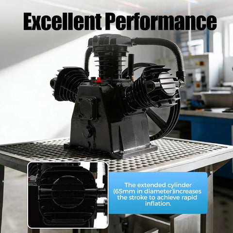 Heavy Duty 4 To 5 Horsepower Replacement Air Compressor Pump Head with cast iron and aluminum build on a work table.