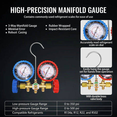 VTG VOGTEN manifold gauge set with blue and red gauges, brass valve body, hanging hook for HVAC service
