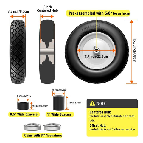 Front view of a 16-inch solid wheelbarrow tire with a centered 3-inch hub and 5/8 in and 3/4 in bearings.