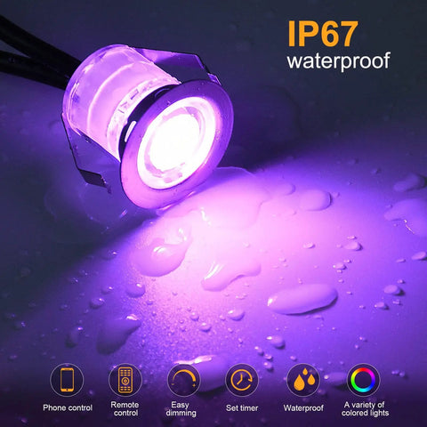 Glow of waterproof WiFi RGB LED Deck Lights Kit 10 Pack, Recessed In Ground Outdoor Lamps with water droplets, color changing.