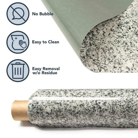36x72 Inch Black Granite Countertop Vinyl Laminate Sheet Peel And Stick Self Adhesive Backing, Heat Resistant, Water Resistant, And Stain Resistant, Realistic Granite Look For Kitchen And Bath Remodel, showing peel and stick feature and granite texture.
