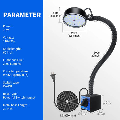 Hella Bright 2000 Lumen Magnetic Work Light With Flexible Arm And Rock Solid Base For Lathes Workbenches And Heavy Duty Premium Industrial Workshops In Black, showing 20-inch flexible arm and steel magnet base.