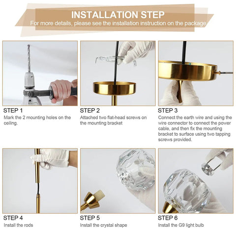 Installation steps for Gold Sputnik Crystal Chandelier, 6 Light Modern Dining Room Fixture Over Table, Glam Brass Finish