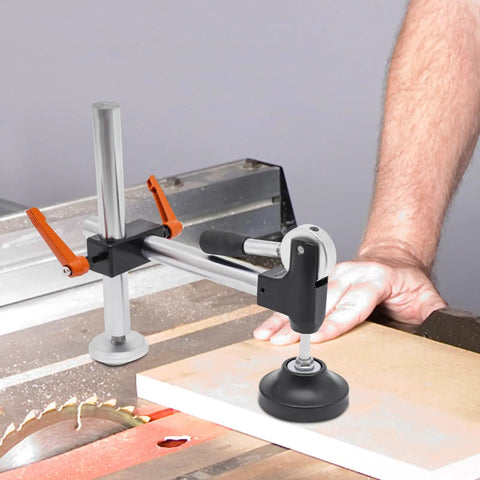 Heavy Duty Table Saw Presser With Adjustable Cast Iron Clamp For Woodworking Projects, close-up on adjustable slide hold down tool.