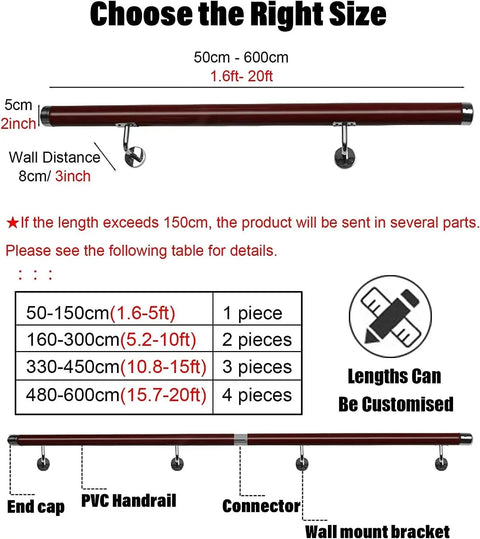Built Tough Non Slip Pvc Handrail 18 Foot Red Deck Railing Kit With Wall Mount Brackets For Exterior Stairs Patios Balconies All Season Weather Resistant Safety Bar with size guide.