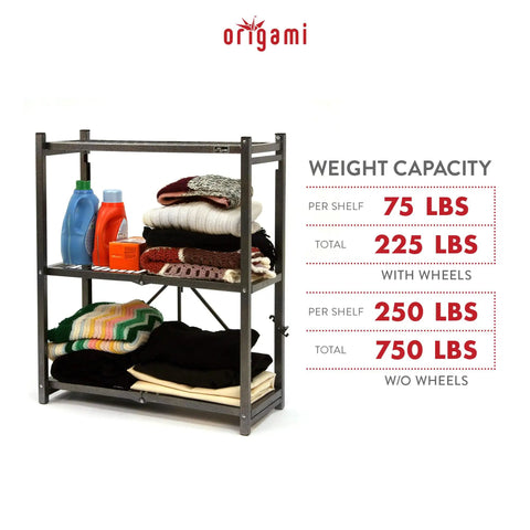 Three Tier Foldable Storage Shelf On Wheels, Heavy Duty Rolling Rack, Pewter Finish, holding detergent and folded clothes, weight capacity details