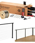 No Headache DIY Cable Railing Kit 30 Ft Black Face Mount Deck Railing System With Marine Grade Stainless Steel Wire Pre Drilled Metal Posts Complete Hardware Bundle 42 Inch High components including cable, tools, and installed railing.