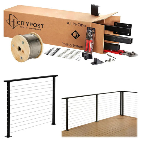 Built Tight 38 Ft Deck Cable Railing Kit With Marine Grade Stainless Steel Wire Face Mount Posts And Full Hardware Pack, including components and installed railing.
