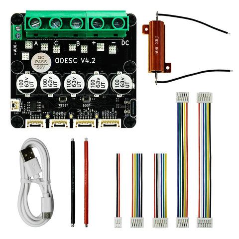 Beefed Up Brushless Servo Motor Controller Driver Board V4.2 with wires and components, showing ODESC V4.2 PCB and connectors.