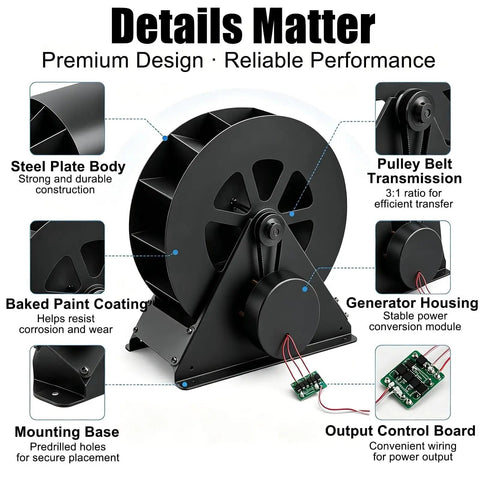 Front view of Micro Hydroelectric Generator For Outdoor Use 50W Disc Type Water Turbine With Belt Driven Output for power supply.