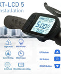 KT LCD5 installation displaying speedometer and control buttons for LCD5 Display Meter Intelligent Control Panel For Electric Bikes 24V 36V 48V 52V SM Plug Multi Information Conversion Kit Display With Speedometer And Parameter Tuning For KT Controller Ride Ready.