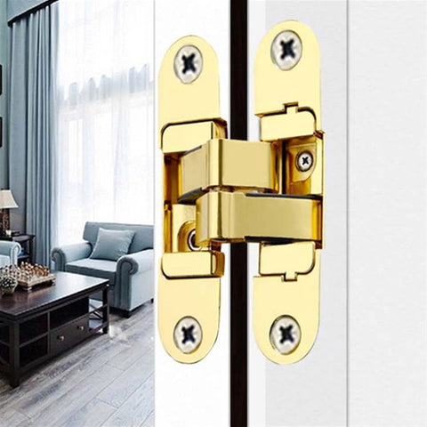 Close-up of a gold Two Piece Three Dimensional Invisible Door Hinges For Wooden Doors Hidden Cross Hinge Set 180 Degree.