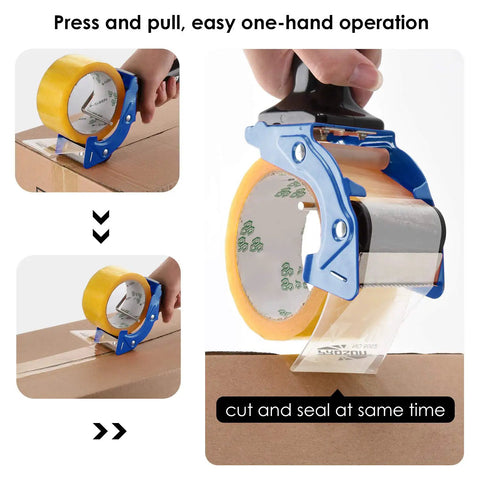 Kickass Two Inch Tape Gun Dispenser With Fast Reload Mechanism and Dual Rollers for No Sweat Packing Sealing in use on cardboard