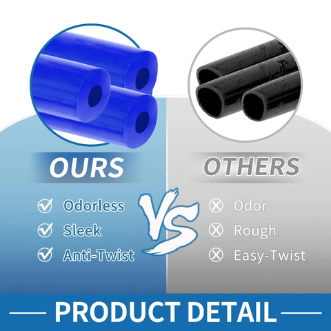 Blue silicone vacuum tubing hose comparison; ours: odorless, sleek, anti-twist vs others: odor, rough, easy-twist.