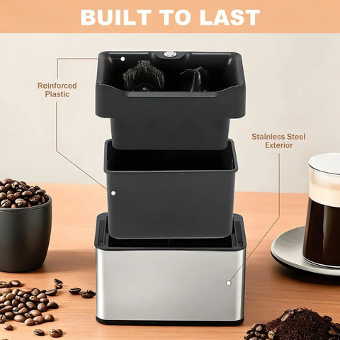 Electric Coffee Knock Box And Portafilter Cleaner With Dual Brush Heads, automatic filter holder scrubber with stainless steel exterior.